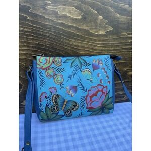 Anna Anuschka Hand Painted Leather Crossbody Bag‎ Butterfly Garden Floral